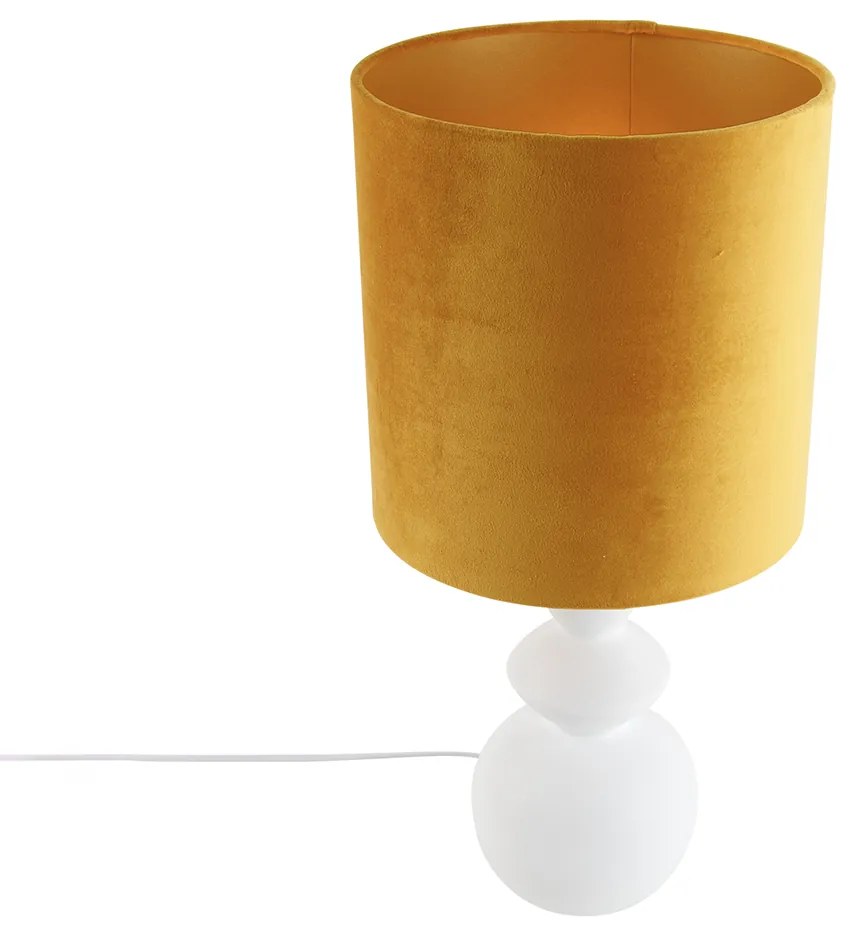 Candeeiro de mesa design branco com cúpula de veludo amarelo e dourado 25 cm - Alisia Design