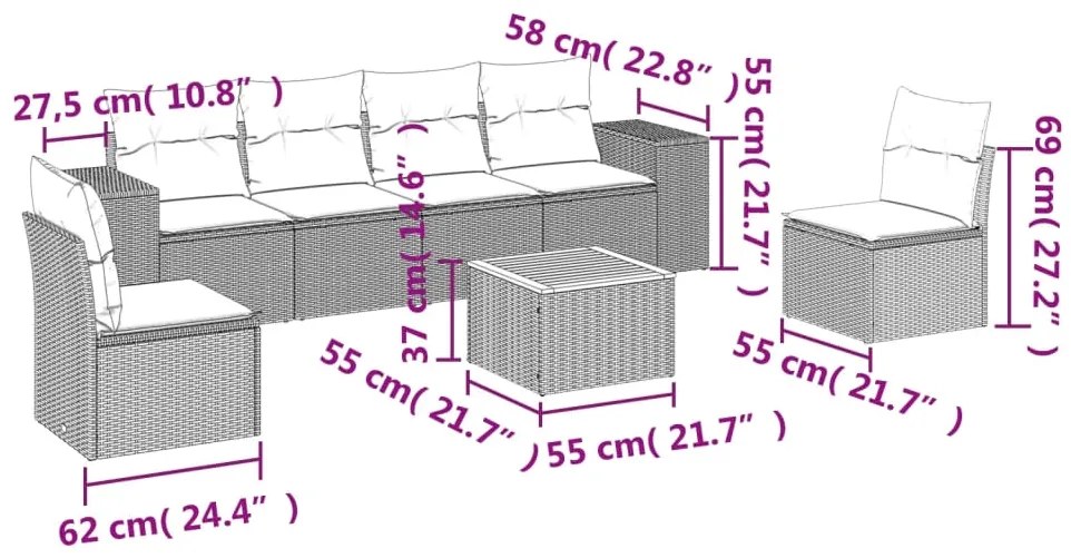 7 pcs conjunto de sofás p/ jardim com almofadões vime PE bege