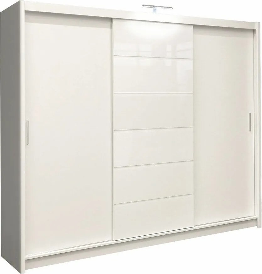 Roupeiro Salum, Branco, Branco brilhante, 215x250x61cm, 222.5 kg, Portas para roupeiro: Deslizante, Número de prateleiras: 8, Número de prateleiras: 8