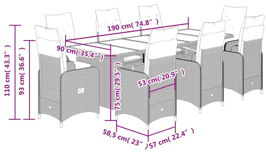 9 pcs conjunto bistrô de jardim c/ almofadões vime PE cinzento