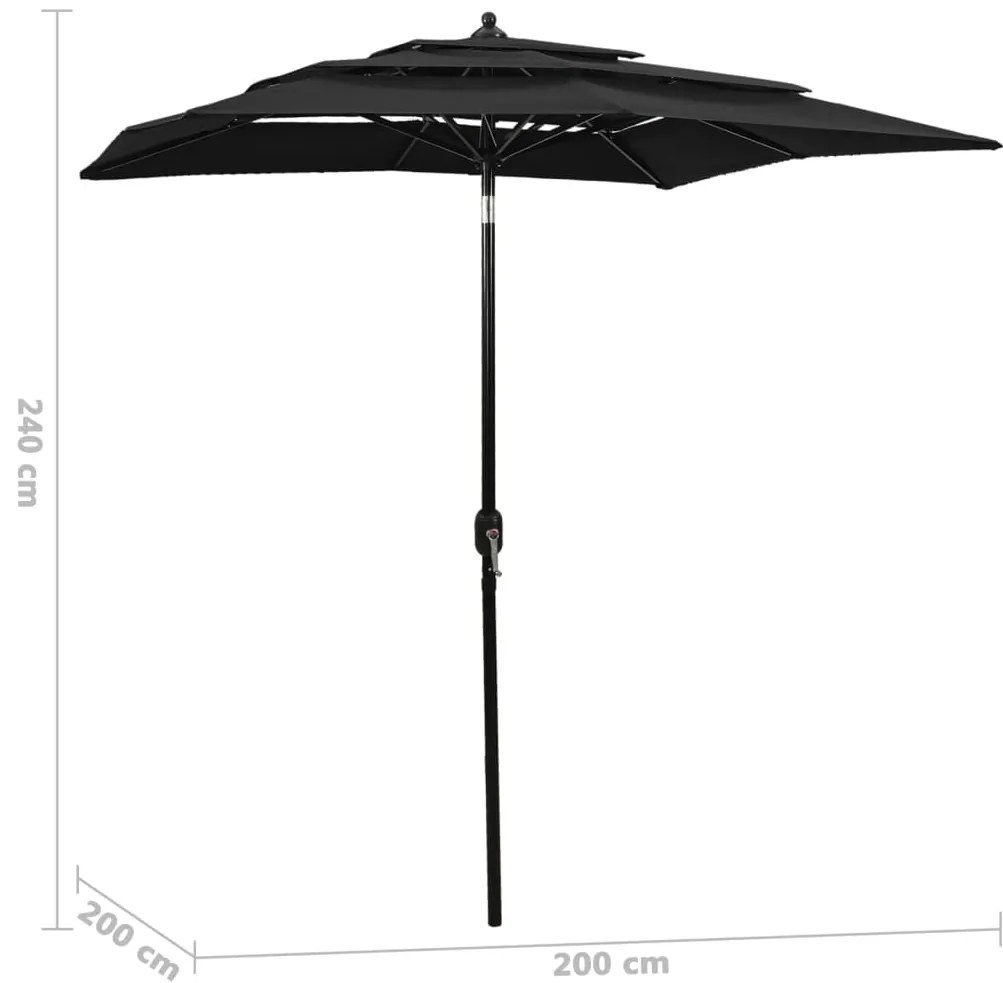 Guarda-sol de jardim 3 camadas c/ poste de alumínio 2x2 m preto