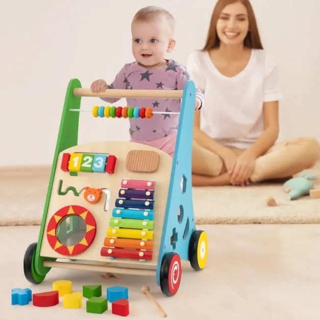 Andarilho de Bebé em Madeira Brinquedo Educativo de Atividade em Madeira com Rodas de Borracha Aprender a Andar para Bebés Multicolorido
