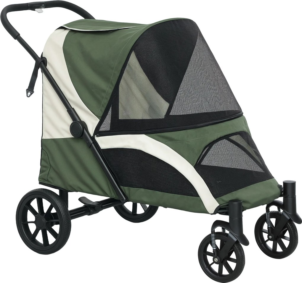PawHut Carrinho para cães, Buggy dobrável para cães de porte médio, Carrinho para pets com 4 rodas, Trela de segurança Travões Verde escuro | Aosom Portugal