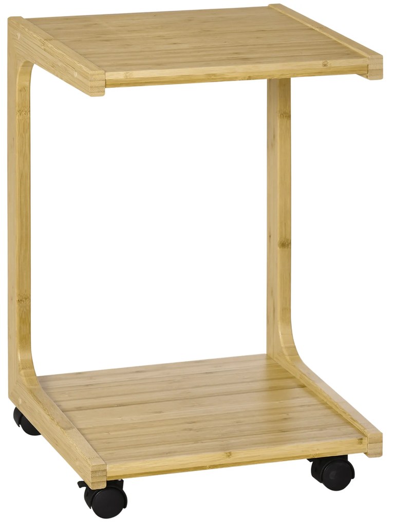 Mesa Auxiliar com Rodas Mesa Lateral de Bambú em Forma de C para Sofá Cama com Prateleira Inferior e Freios para Dormitório Sala de Estar 39x35,5,59cm