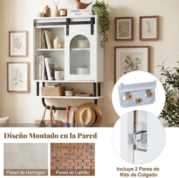 Armário de parede casa de banho 50 x 20 x 70 cm com 3 níveis, porta de correr em vidro e barra metálica Branco