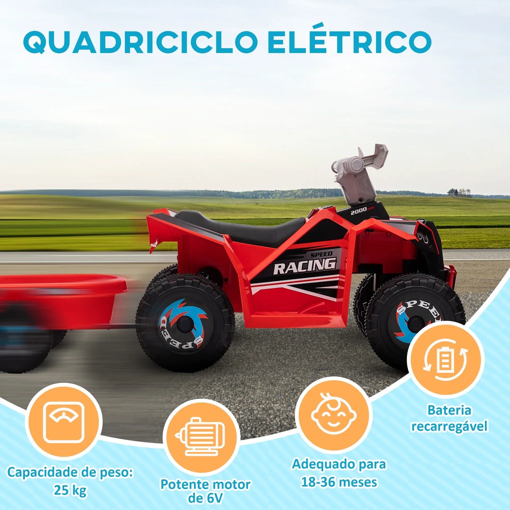 Moto 4 Elétrico para Crianças com Reboque Bateria 6V de 18-36 Meses com Velocidade 2,5 km/h 106x41,5x48,5 cm Vermelho