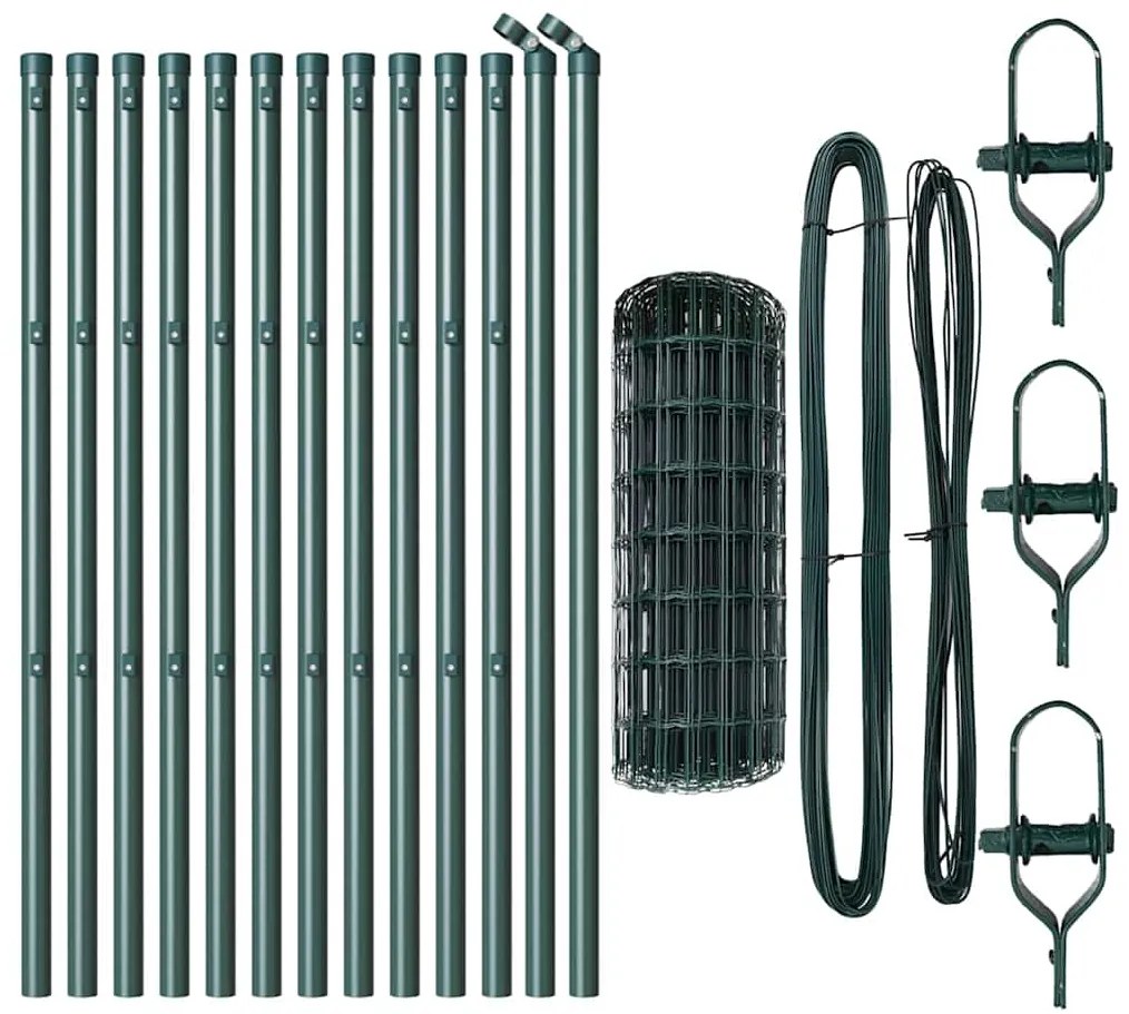 Cerca Euro com 13 postes, 0.4 x 25m, em aço galvanizado verde.
