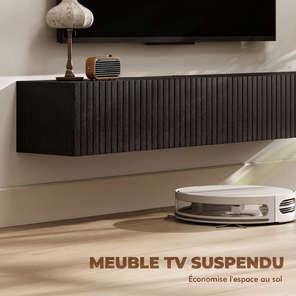 Móvel de TV Suspenso, 140 x 25 x 22 cm, 2 Portas Basculantes, Preto