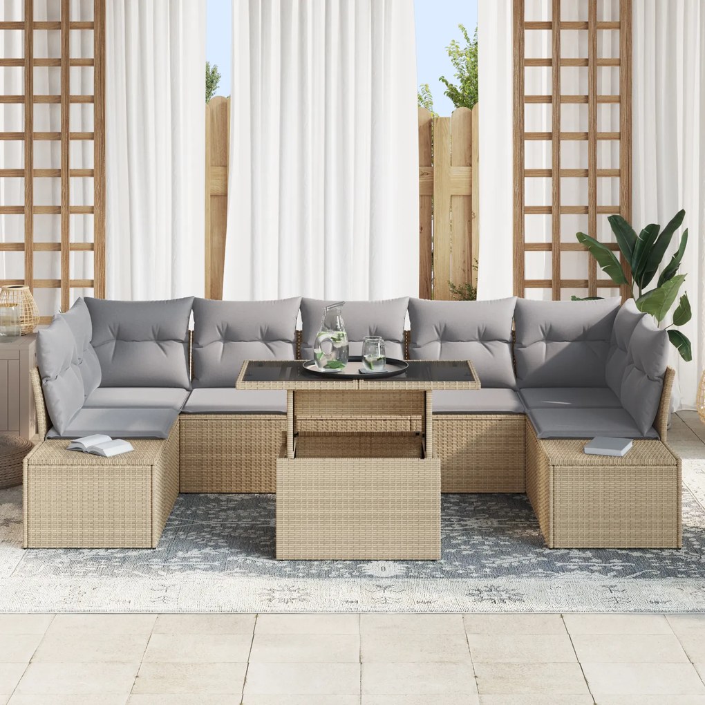 Conjunto de Sofá de Jardim com 8 Peças e Almofadas Bege em Rattan Sint