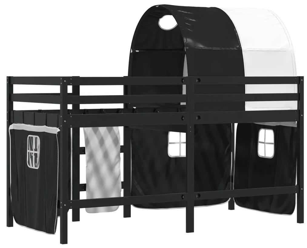 Cama alta criança c/ túnel 90x200 cm pinho maciço branco/preto