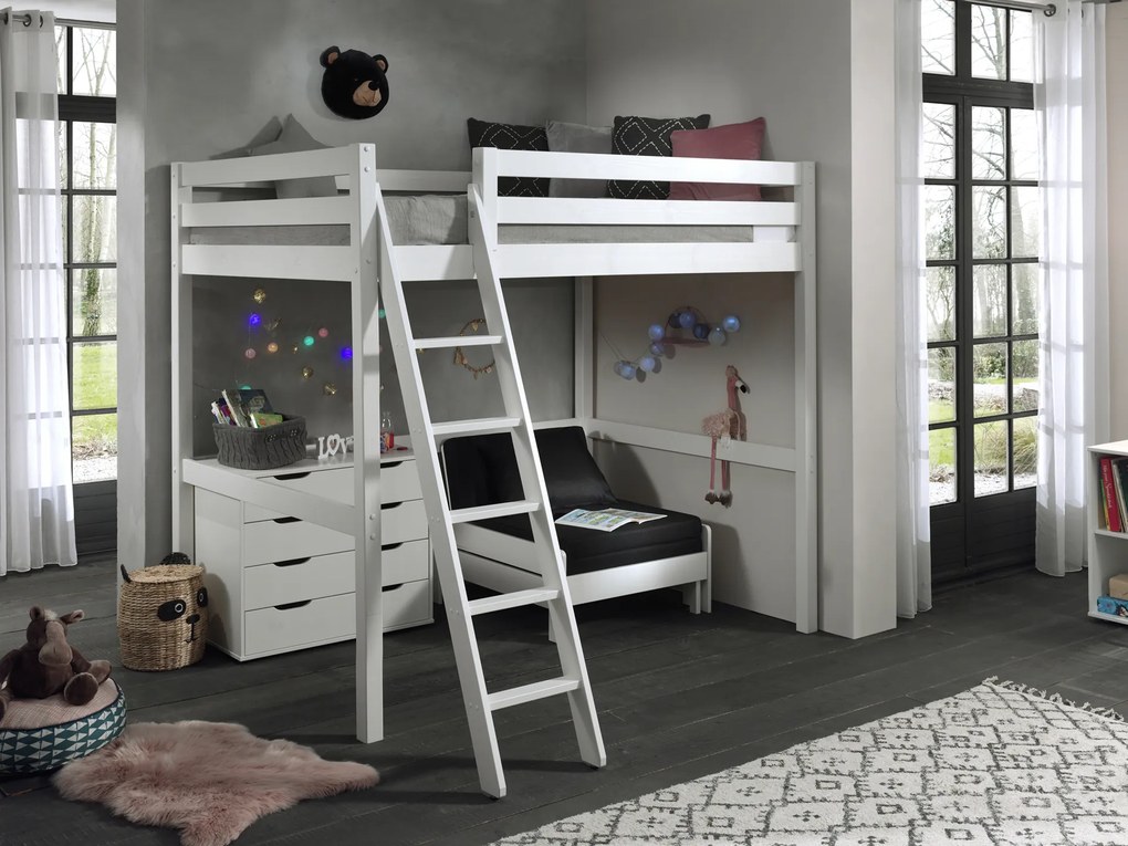 Conjunto Cama alta de Criança PINO 140 x 200 cm + estrado + escada + cómoda 4 gavetas + sofá-cama Branca