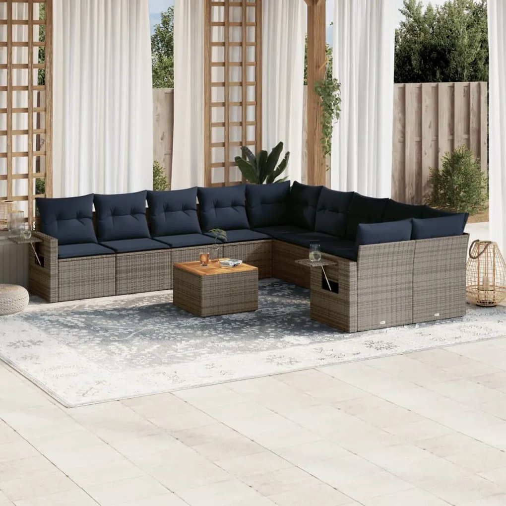 vidaXL 11 pcs conjunto sofás de jardim c/ almofadões vime PE cinzento