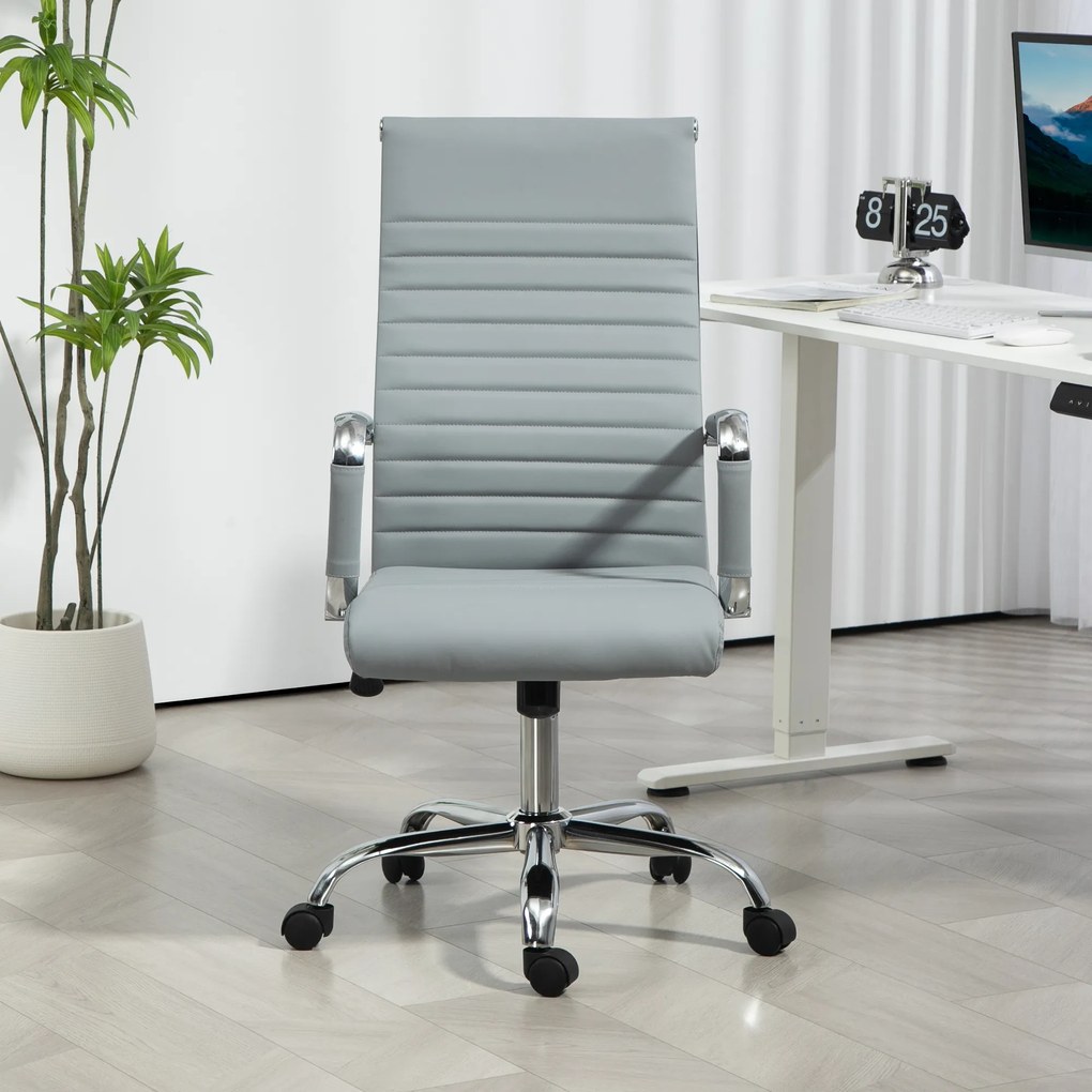 Cadeira de Escritório Giratoria 360° Inclinável com Altura Ajustável Rodas Apoio de Braços 54x62x104-114 cm Cinzento Claro