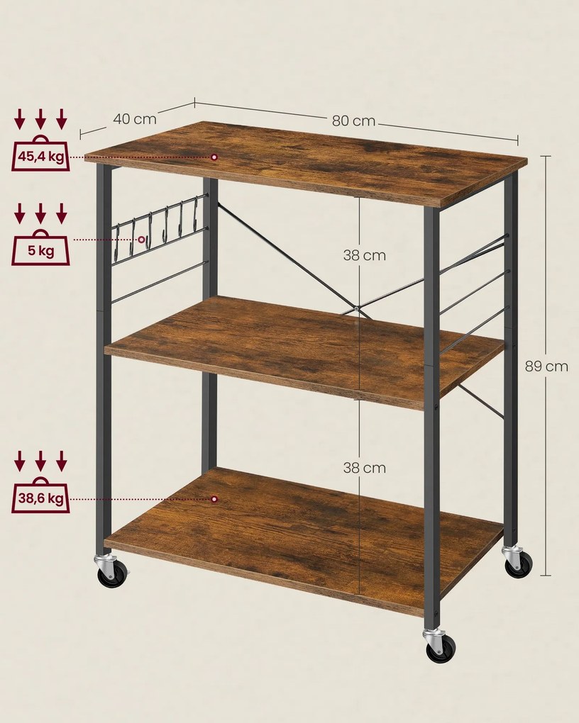 Carrinho de cozinha de 3 níveis com Rodas 40 x 80 x 89 cm Castanho Vintage Preto