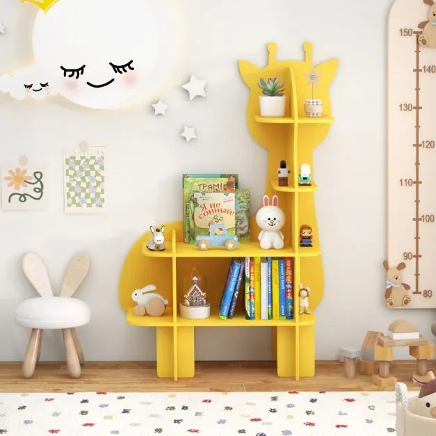 Estante de madeira para crianças com 4 níveis para girafas Organizador de brinquedos com prateleiras de arrumação abertas Amarela