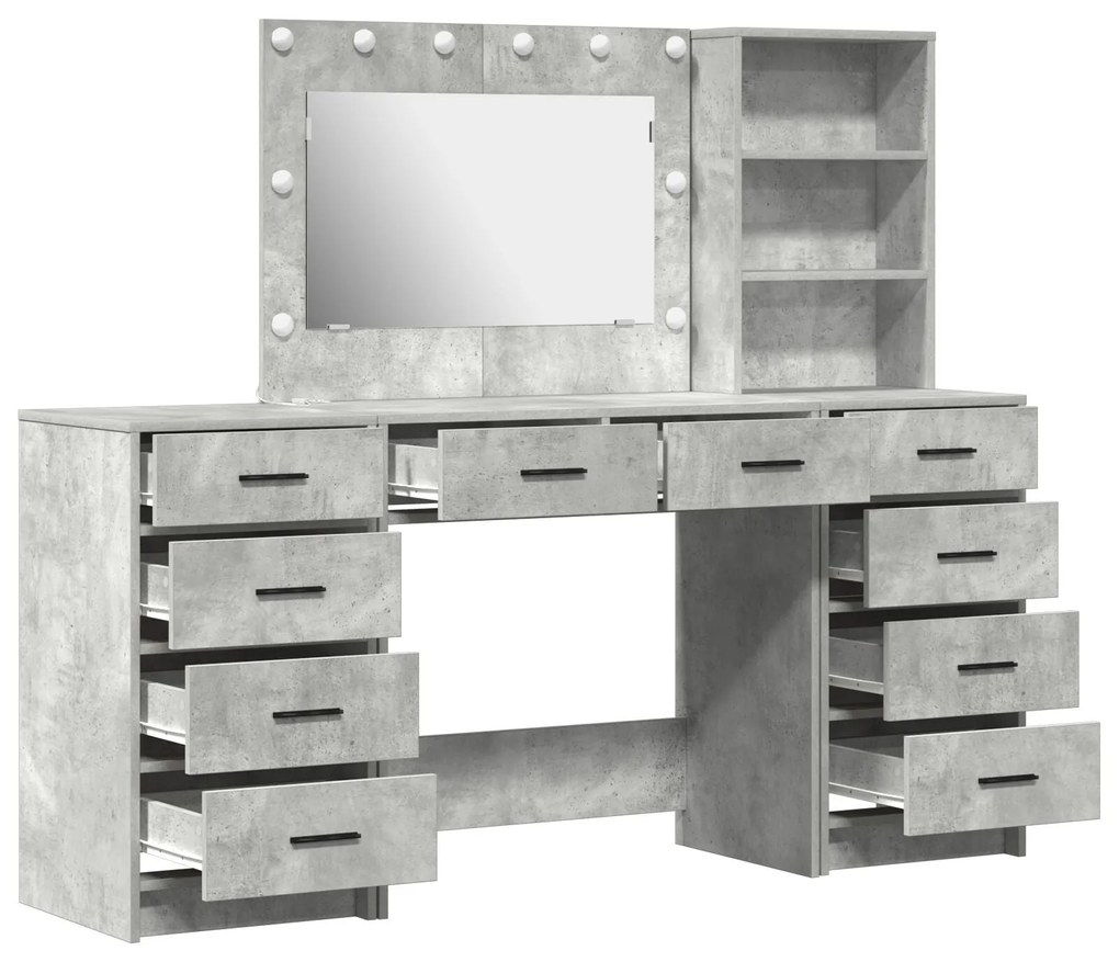 Conjunto de Mesa de Maquilhagem 3 Peças com LED Cinza Concreto Madeira