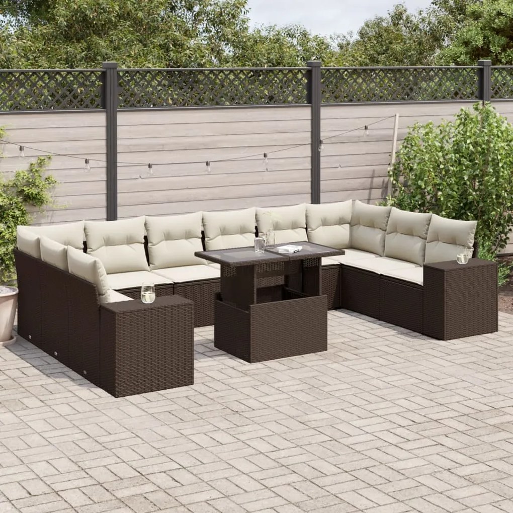 vidaXL 11 pcs conjunto sofás de jardim c/ almofadões vime PE castanho