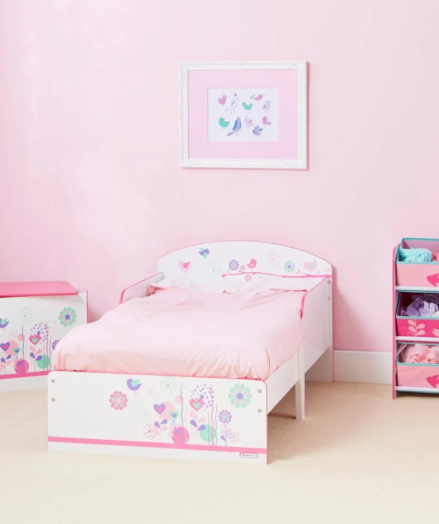 Cama infantil, desenhos Pássaros de madeira + Colchão e almofada 140 x 70 cm ROSA