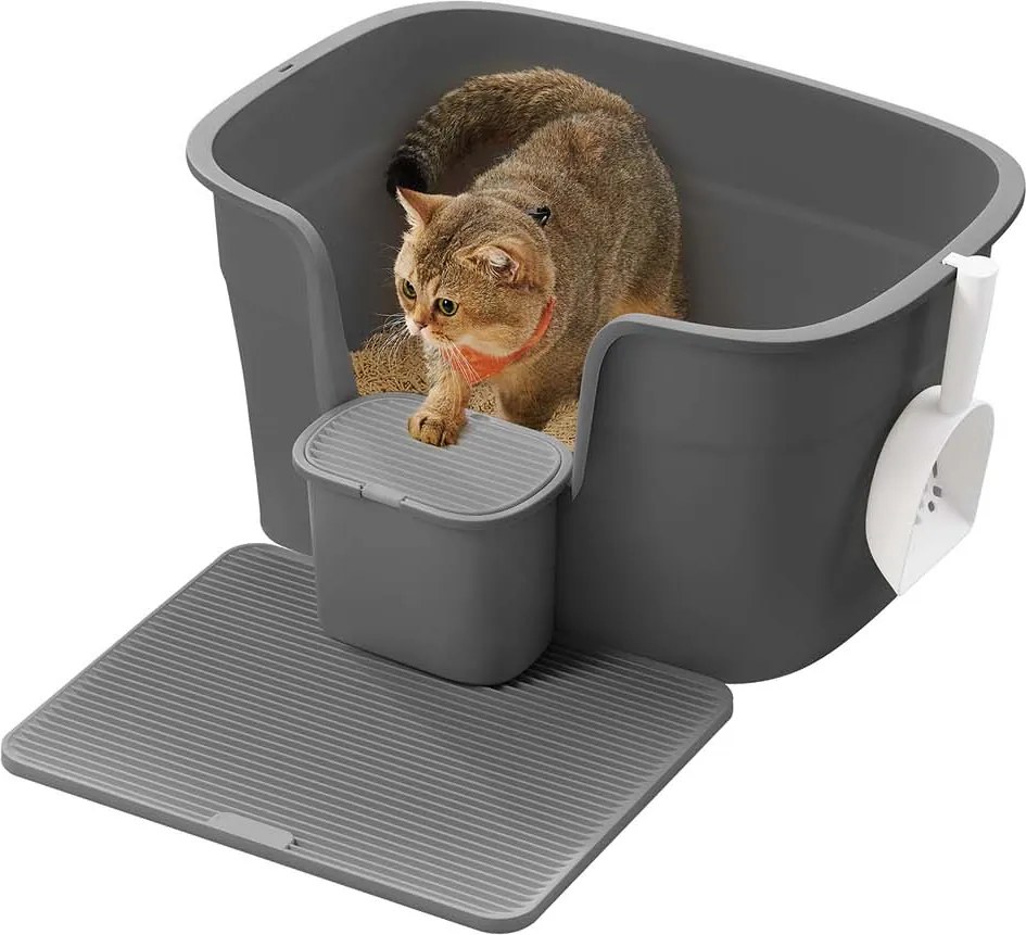 Caixa de areia Gatos grande com paredes laterais altas e pá em 64 x 76 x 33 cm cinza