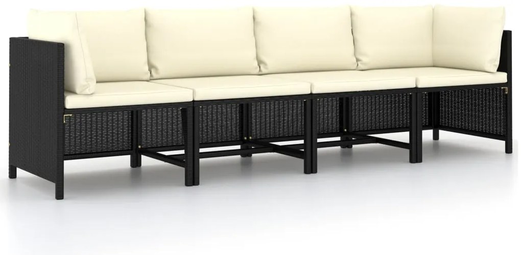 Sofá de jardim 4 lugares com almofadões vime PE preto