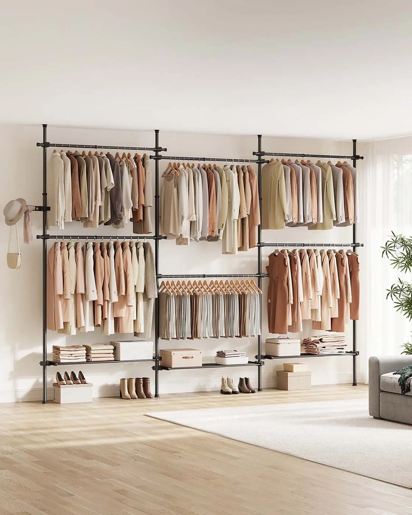 Guarda Roupa 33,5 x (240-353) x (208-310) cm com Barras telescópicas para roupas com 6 barras e 3 prateleiras em preto