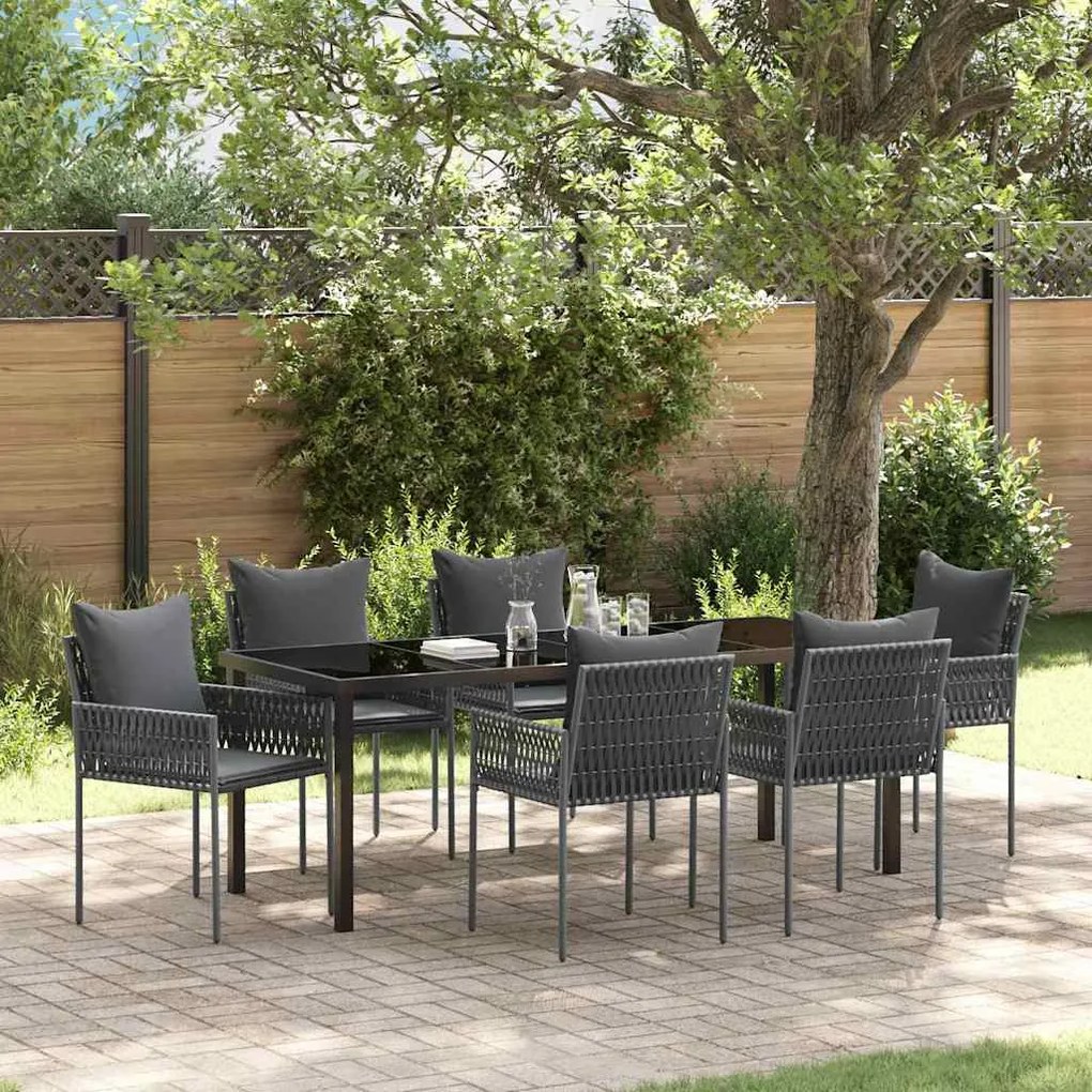 vidaXL Conjunto de Jantar de Jardim com 7 peças e almofadas de ratan preto