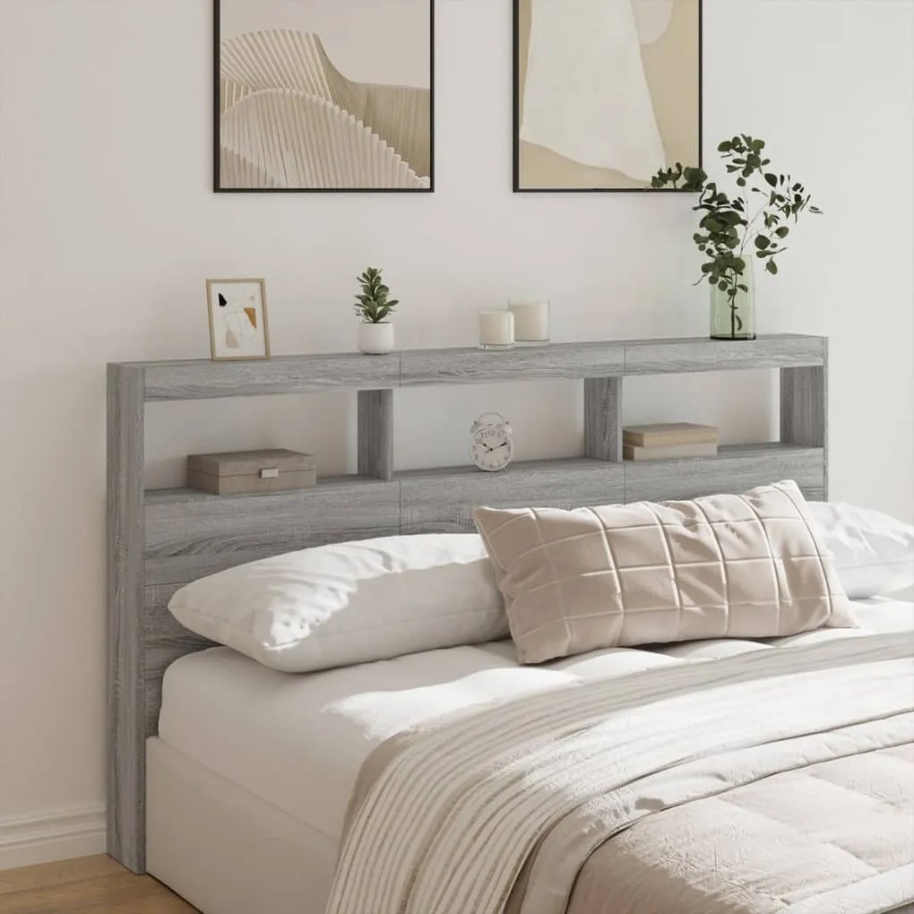 Armário de cabeceira c/ luzes LED 180x17x102 cm cinzento sonoma