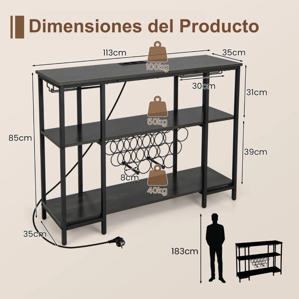 Garrafeira armario de cozinha com estação de carregamento 2 suportes para 15 garrafas Estantes industriais para cozinha doméstica 113 x 35 x 85 cm Cin