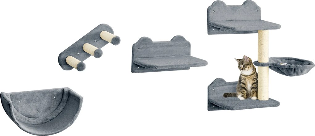 Prateleiras de Parede para Gatos 4 Peças com Rede Plataforma Semicircular Plataformas de Salto e Poste de Sisal Cinza