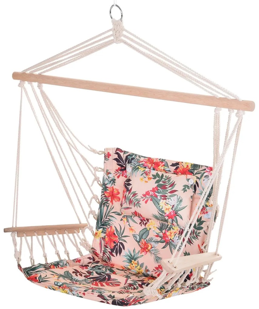 Outsunny Cadeira Rede Suspensa Estampa Floral Almofada Conforto Design 100x106 cm Multicor Ideal Relaxamento Exterior | Aosom Portugal