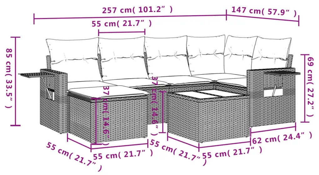 7 pcs conjunto de sofás jardim c/ almofadões vime PE castanho