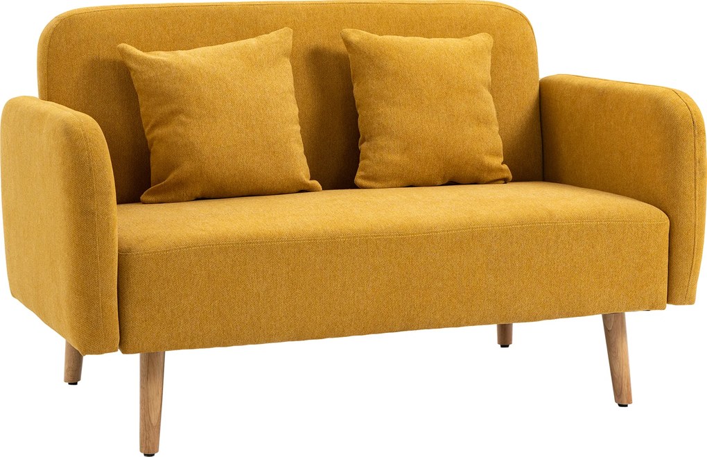 HOMCOM Sofá 2 lugares com 2 almofadas decorativas, Loveseat pequeno com acabamento em veludo, Sofá estofado moderno para sala de estar, quarto, espaços pequenos, Amarelo 130 x 70 x 80 cm | Aosom Portugal