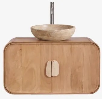 Conjunto De Móvel De Casa De Banho Suspenso 95x45 Cm Em Madeira De Manga E Pedra Natural Kivalina Travertino - Madeira De Mangueira & - Sklum