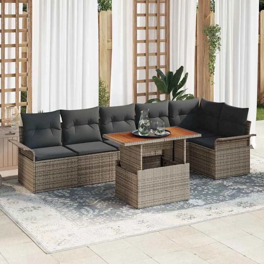 vidaXL Conjunto de Jantar de Jardim de 7 Peças com Almofadas Cinza, Rattan Sintético e Acácia