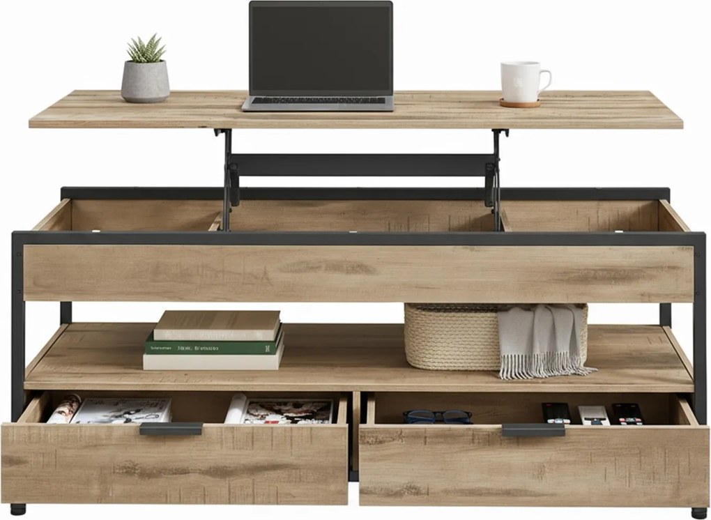 Mesa de centro com altura ajustável 50 x 120 x (48-63) cm com gavetas Castanho camelo-Preto
