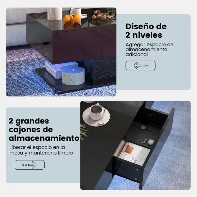 Mesa de centro retangular LED moderna de 2 níveis com 20 luzes LED coloridas 2 gavetas de arrumação 110 x 60 x 40 cm Preto