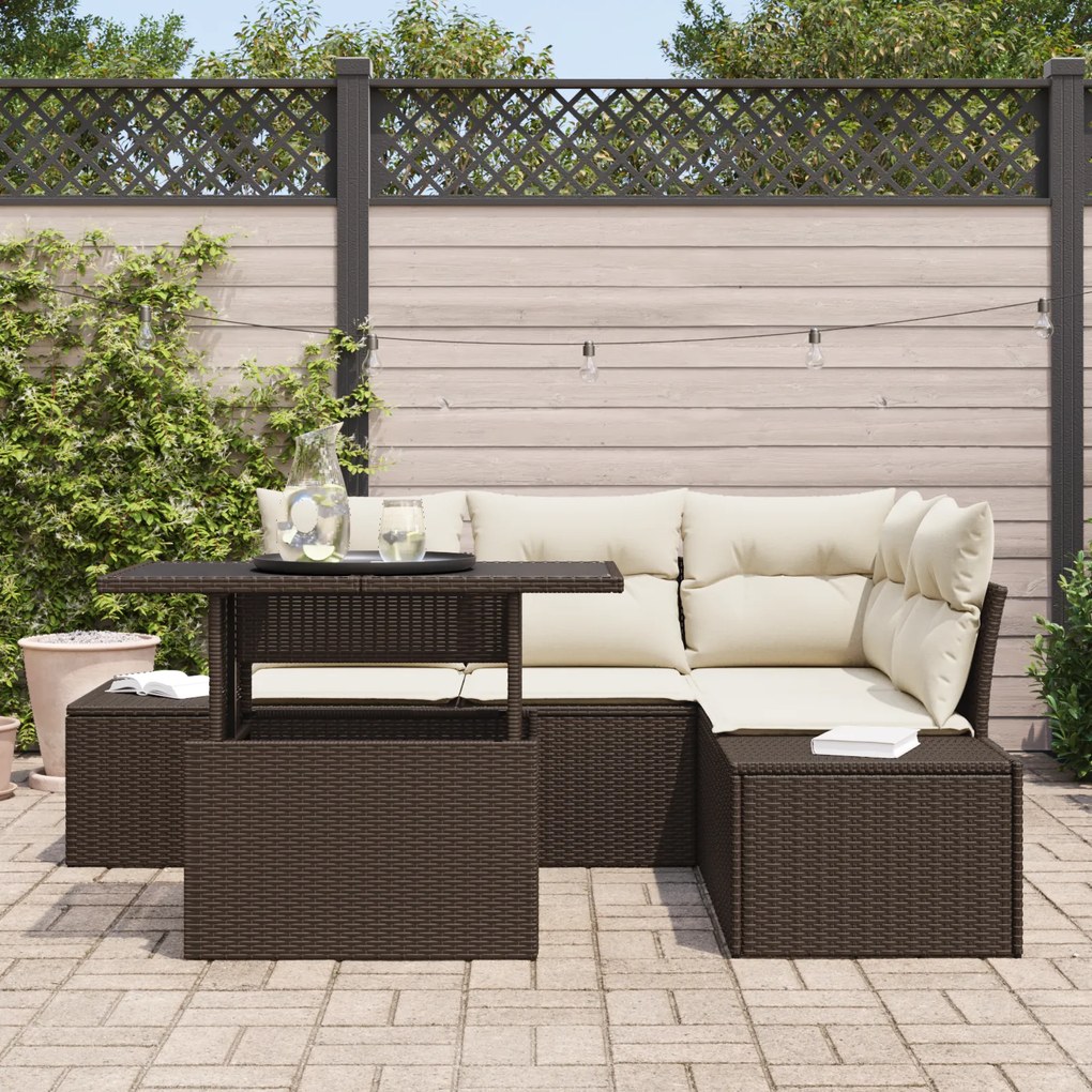 Conjunto de Sofá de Jardim de 5 Peças com Almofadas Castanho em Rattan