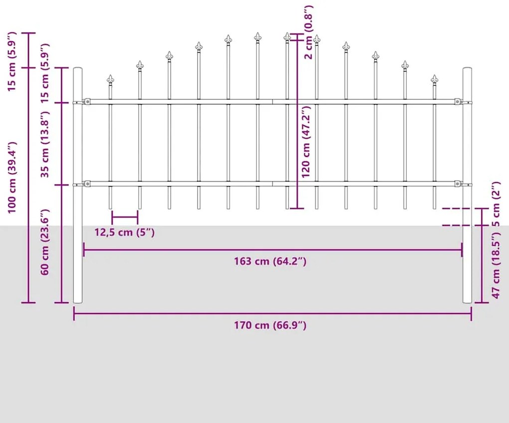 Cerca de Jardim com Topo Arqueado - Cinza, 13,6 x 0,75 m, Aço
