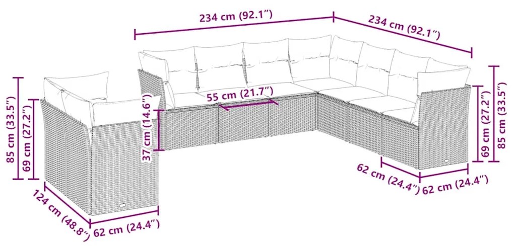 9 pcs conj. sofás jardim com almofadões vime PE cinzento-claro