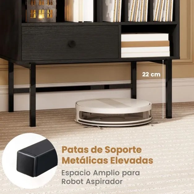 Suporte grande para gira-discos e discos de vinil de meados do século com compartimentos abertos para álbuns Preto