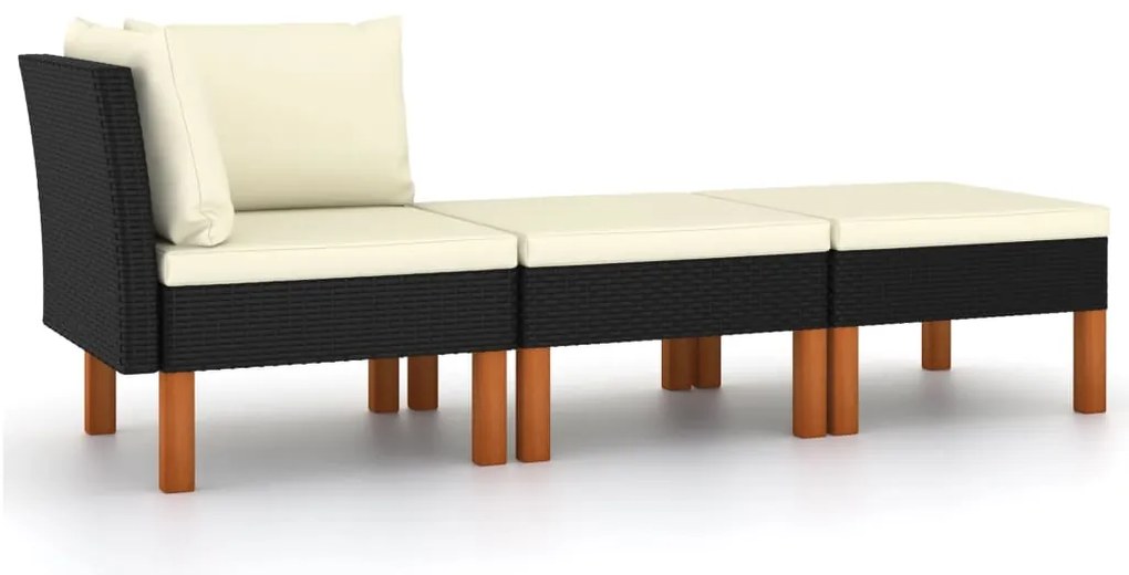 3 pcs conj. lounge jardim vime PE e madeira de eucalipto maciça