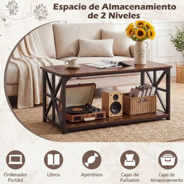 Mesa de centro de estilo industrial 109 x 50 x 48 cm, 2 níveis, prateleira aberta, estrutura metálica, para sala de estar, castanho rustica