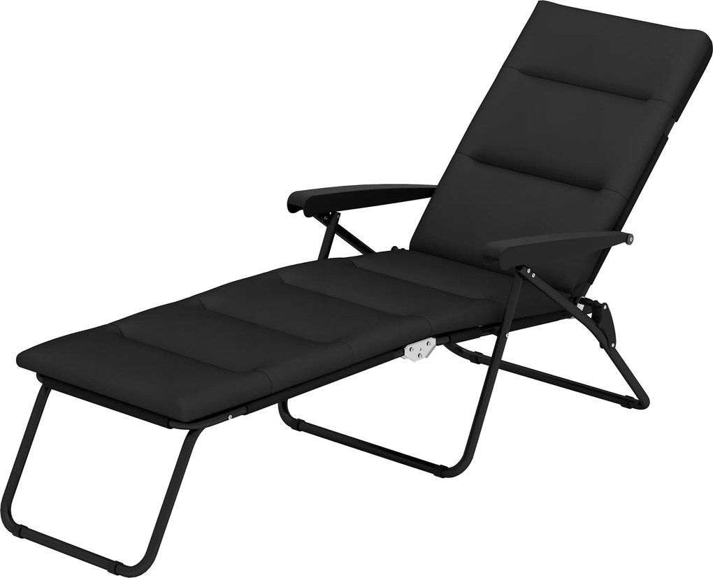 Espreguiçadeira dobrável com 6 posições de inclinação, com colchão + apoios de braços em aço e poliéster, 153 x 58,5 x 89 cm, preta