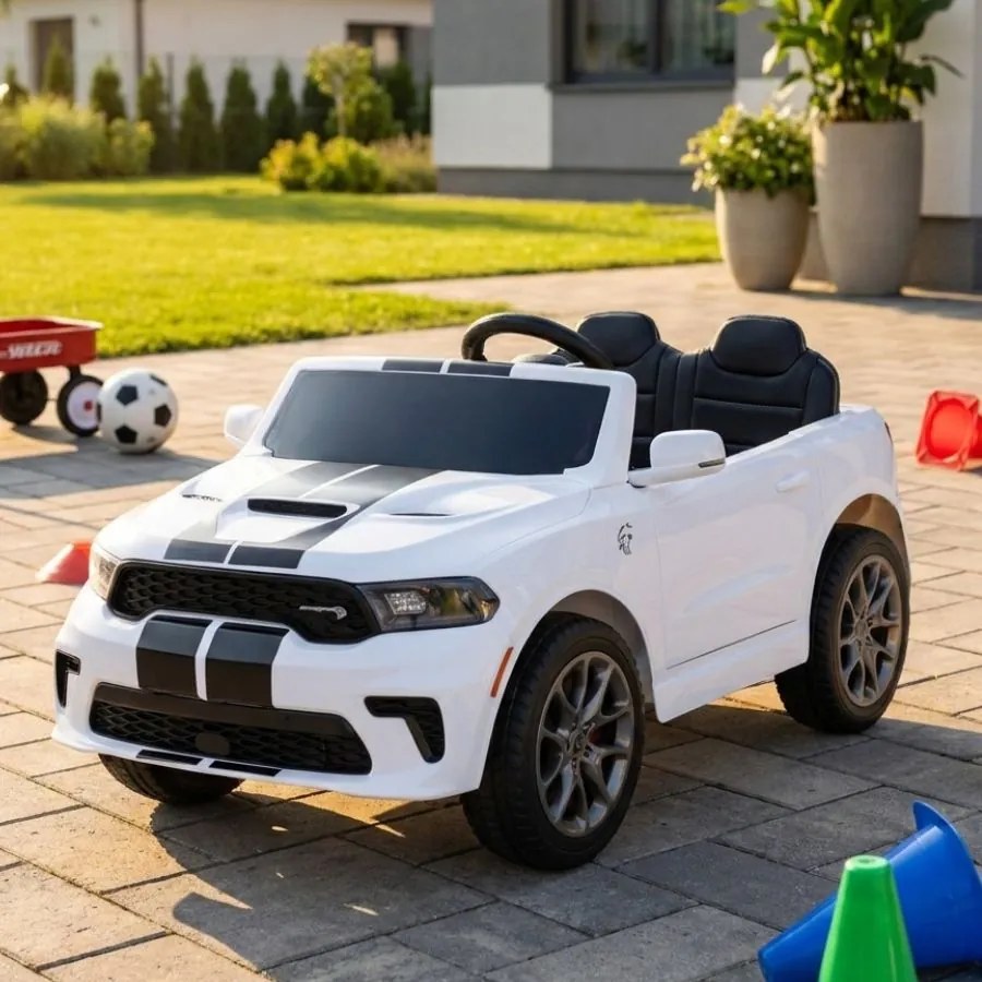 Carro elétrico para Crianças 2 a 5 anos, 12V Dodge Durango Rodas de espuma EVA, assento Couro ecológico e Comando Branco