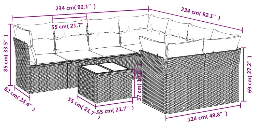 9 pcs conjunto sofás p/ jardim com almofadões vime PE cinzento