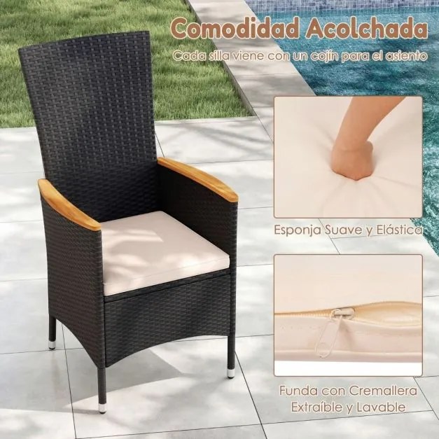 Conjunto de 2 cadeiras de jardim em rattan com encosto alto (MESA NÃO INCLUIDA), braços em madeira de acácia e almofada macia para terraço, alpendre o