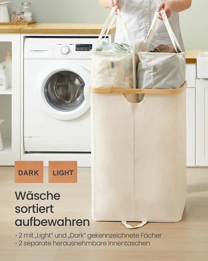Cesto para roupa suja com dois compartimentos (150L) 52 x 38,5 x 75 cm Creme + Bege natural