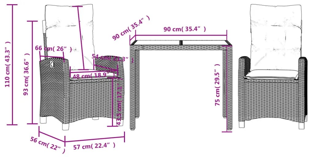 3 pcs conjunto de jantar p/ jardim c/ almofadões vime PE cinza