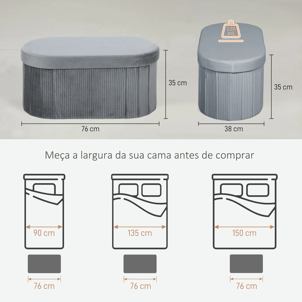 Puff de Arrumação 72 L 76x38x35 cm Estofado em Veludo Baú de Arrumação Suporta 120 kg Cinzento Escuro