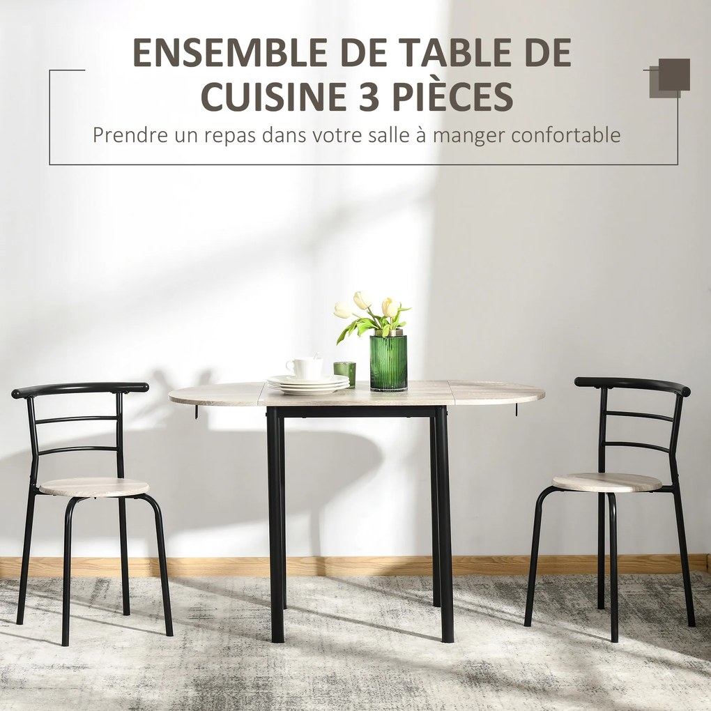 Conjunto de mesa oval extensível e 2 cadeiras – mesa com abas – metal e MDF – preto e natural